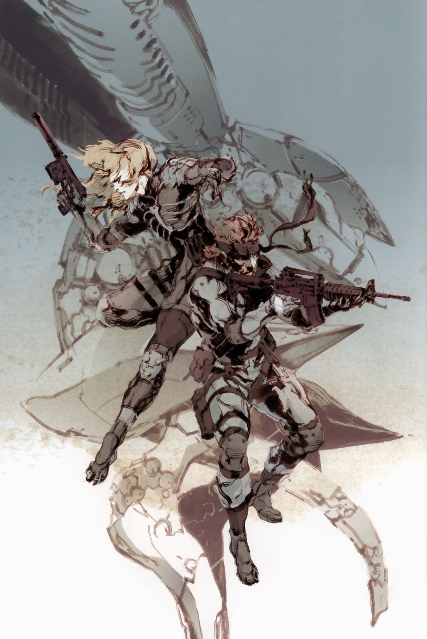 artbook, assault_rifle, brown_hair, gun, highres, m4_carbine, metal_gear, metal_gear_solid