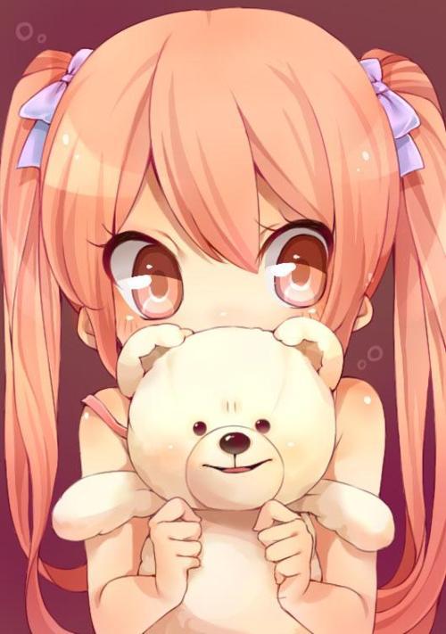 1girl, hair_bow, momobako, pink_eyes, pink_hair, rojiko, strap_slip, teddy_bear, twintails