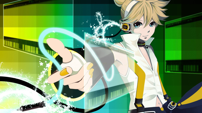 1boy, append, arm_out, blonde_hair, blue_eyes, chocker, detached_sleeves, headphones, kagamine_len, nail_polish, navel, painted_nails, short_hair, smile, solo, tagme, vocaloid, wallpaper, wire