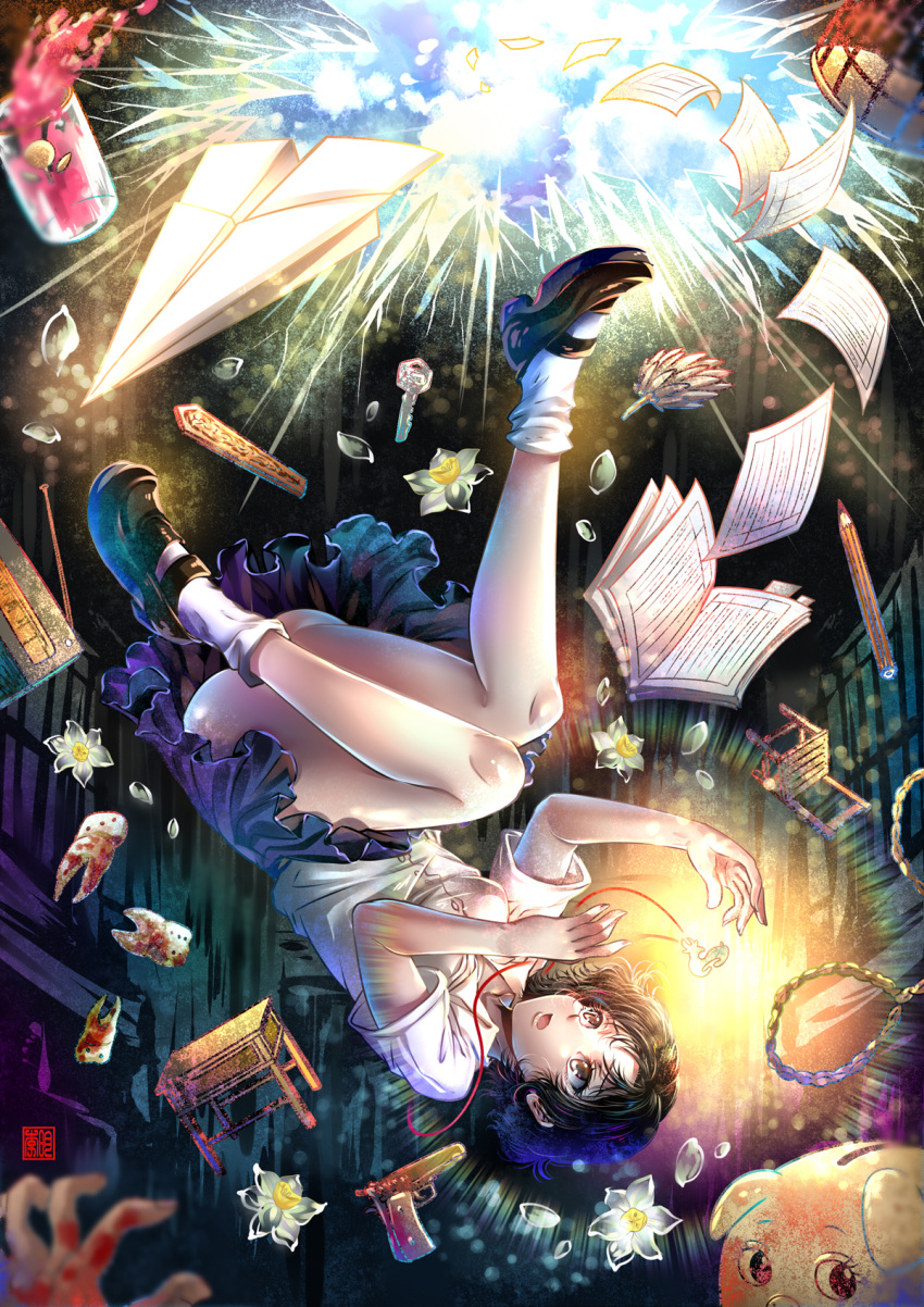 1girl, bangs, black_eyes, black_hair, book, detention, fang_ray_shin, fetal_position