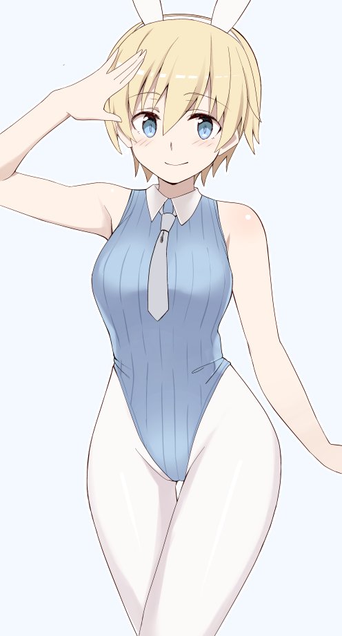 1girl, animal_ears, bangs, blonde_hair, blue_eyes, blue_leotard, blue_necktie, brave_witches