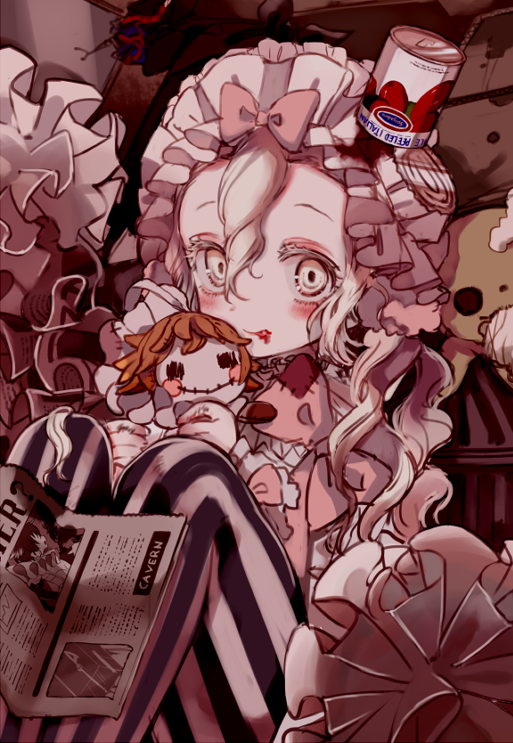 1girl, blonde_hair, blush, can, dirty, doll, food, food_on_clothes