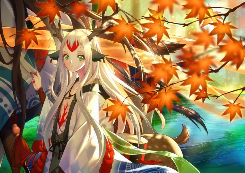 1boy, androgynous, animal_ears, antlers, autumn_leaves, bangs, branch, brown_hair