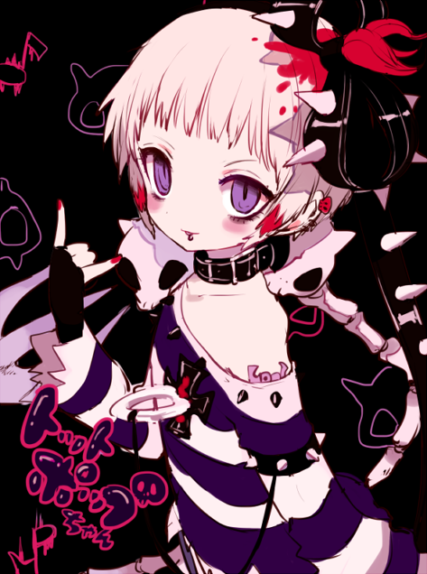 1girl, choker, earrings, fingerless_gloves, gloves, jewelry, lip_piercing, lipstick, mahou_shoujo_ikusei_keikaku, mahou_shoujo_ikusei_keikaku_limited, makeup, maruino, nail_polish, official_art, piercing, pink_hair, shirt, short_hair, solo, striped, striped_shirt, tot_pop, violet_eyes