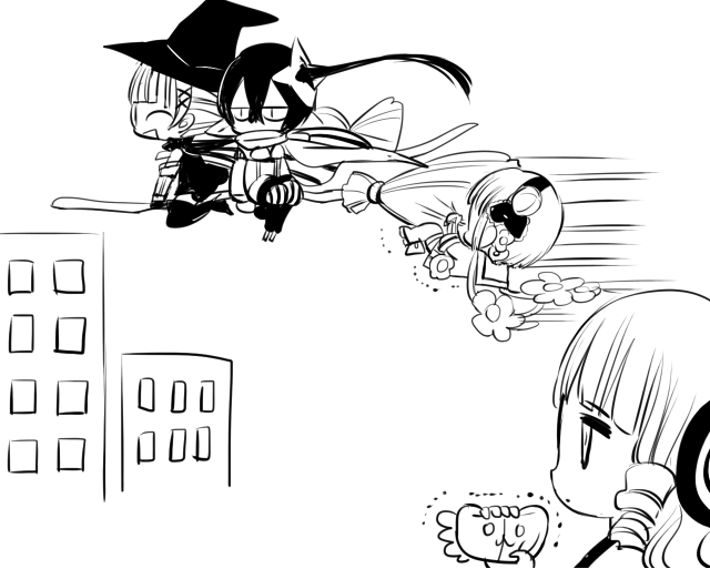 4girls, broom, crushing, fav_(mahoiku), flying, mahou_shoujo_ikusei_keikaku, maruino, monochrome