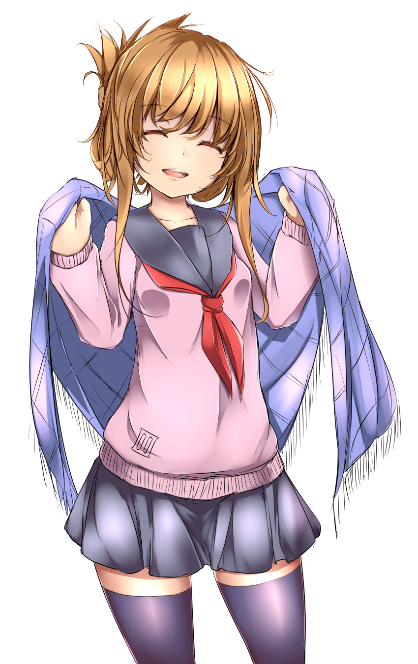 1girl, :d, ^_^, absurdres, black_legwear, blanket, brown_hair, cardigan