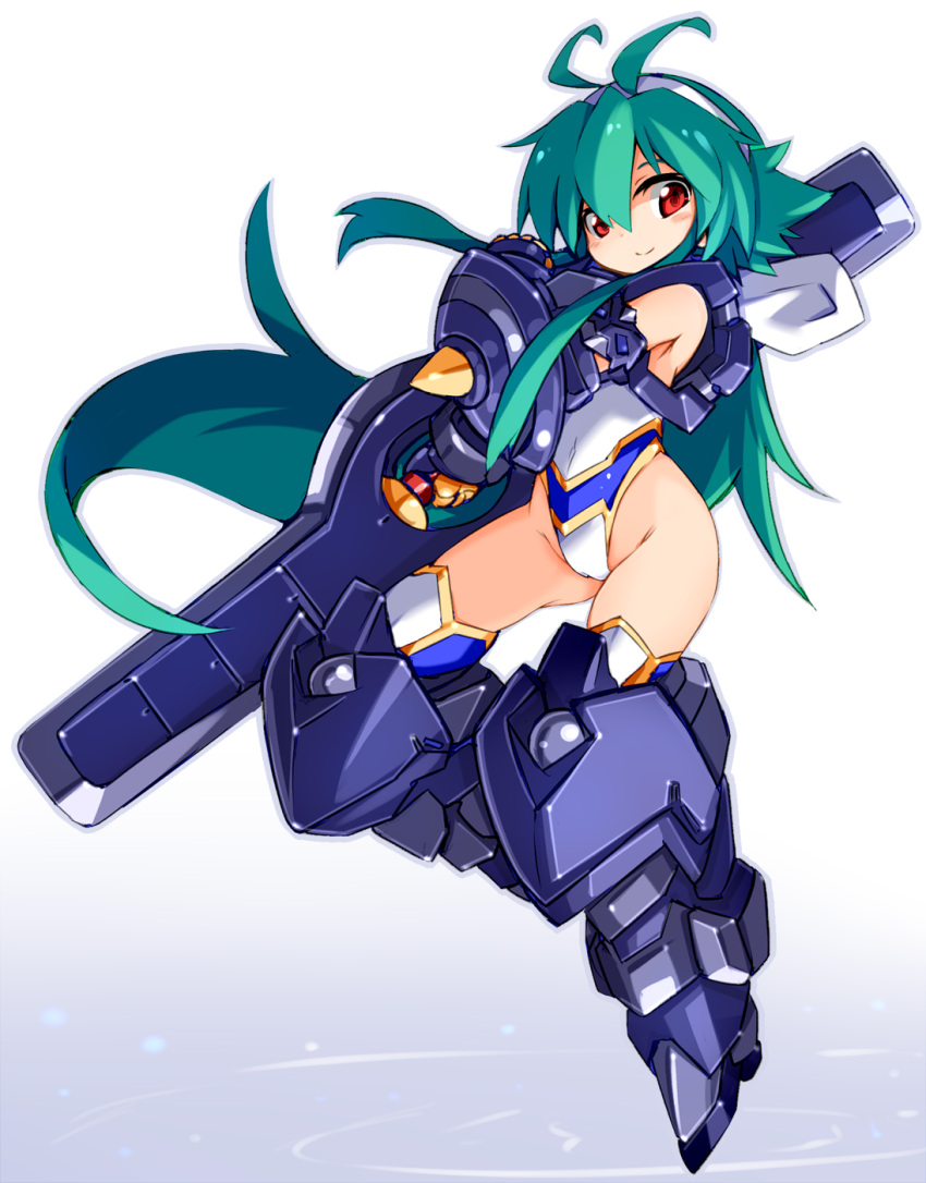 1girl, antenna_hair, armor, armored_boots, boots, fingerless_gloves, gloves, green_hair, groin, hairband, highres, karukan_(monjya), leotard, long_hair, looking_at_viewer, mecha_musume, red_eyes, shinrabanshou, shizuku_(shinrabanshou), suireiken_shizuku_(shinrabanshou), thigh-highs, weapon, white_background, white_leotard