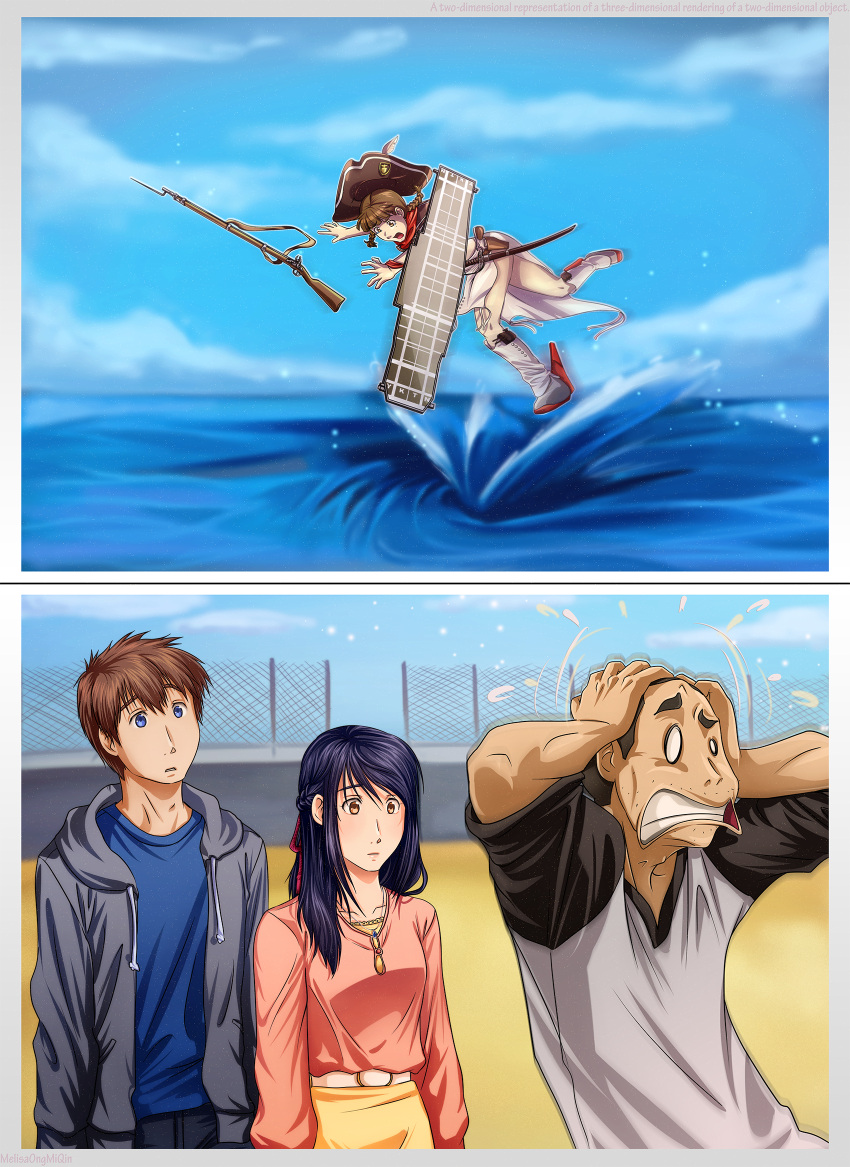 2boys, 2girls, 2koma, bayonet, belt, bicorne, black_hair, blue_eyes, blue_shirt, braid, brown_eyes, brown_hair, clouds, comic, cosplay, crop_top, crop_top_overhang, day, facial_hair, fence, flight_deck, french_braid, gun, hair_ribbon, handgun, hands_on_own_head, hat, hat_feather, highres, hood, hoodie, jacket, jewelry, kantai_collection, kimi_no_na_wa, kneehighs, long_hair, look-alike, melisaongmiqin, midriff, miyamizu_mitsuha, mole, mole_under_eye, multiple_boys, multiple_girls, musket, natori_sayaka, necklace, older, open_clothes, open_jacket, open_mouth, pacific, red_ribbon, red_scarf, revolver, ribbon, sailor, scared, scarf, shirt, short_sleeves, showgirl_skirt, solid_oval_eyes, stubble, sword, tachibana_taki, tearing_up, teshigawara_katsuhiko, tripping, twin_braids, water, waves, weapon, wrist_ribbon, yorktown_(pacific), yorktown_(pacific)_(cosplay)