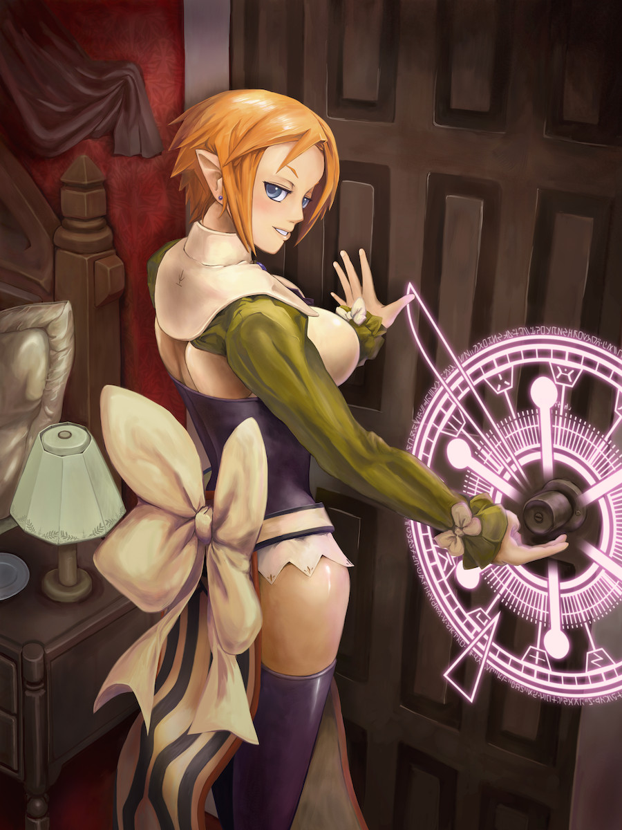 1girl, black_legwear, blue_eyes, bow, breasts, disgaea, door, earrings