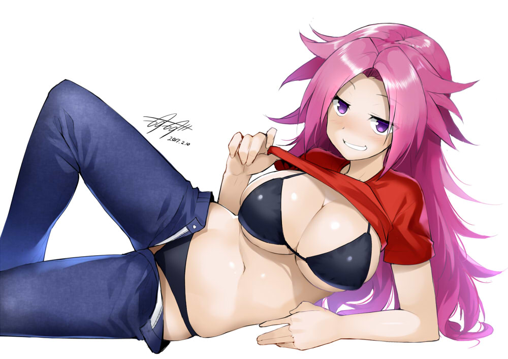 1girl, alternate_costume, bikini, bikini_under_clothes, black_bikini, breasts, cleavage, dated