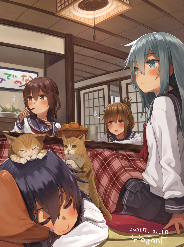 2017, 4girls, akatsuki_(kantai_collection), anchor_symbol, animal, animal_on_head, arm_rest, bangs