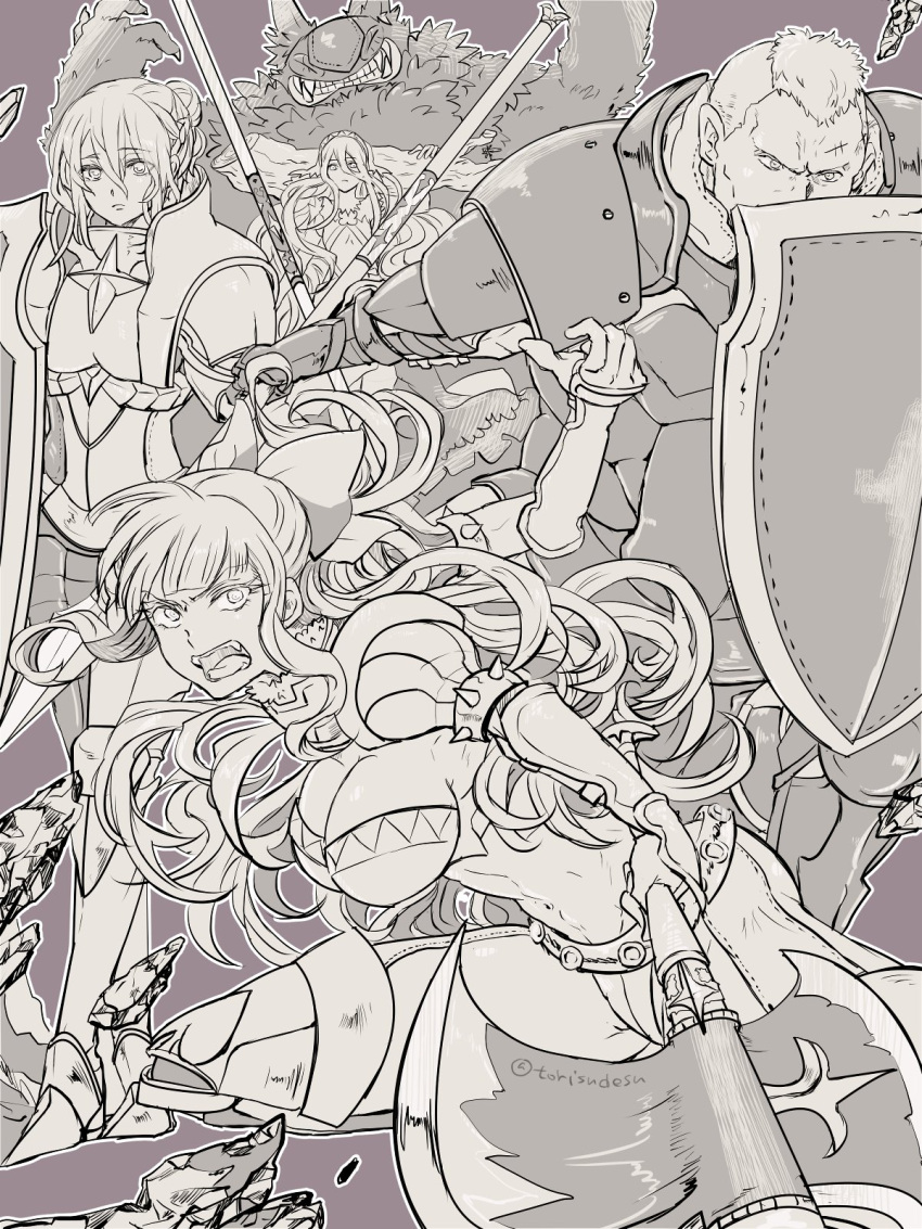 1boy, 3girls, aqua_(fire_emblem_if), armor, axe, benoit_(fire_emblem_if), charlotte_(fire_emblem_if), elfie_(fire_emblem_if), female_my_unit_(fire_emblem_if), fire_emblem, fire_emblem_if, greyscale, highres, holding, holding_weapon, lance, monochrome, multiple_girls, my_unit_(fire_emblem_if), polearm, shield, torisudesu, weapon