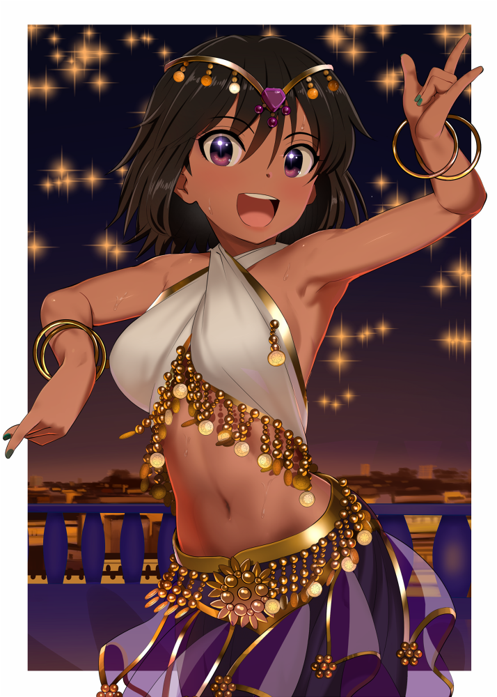 1girl, :d, amethyst, arabian_clothes, arm_up, armpits, bare_shoulders, black_hair