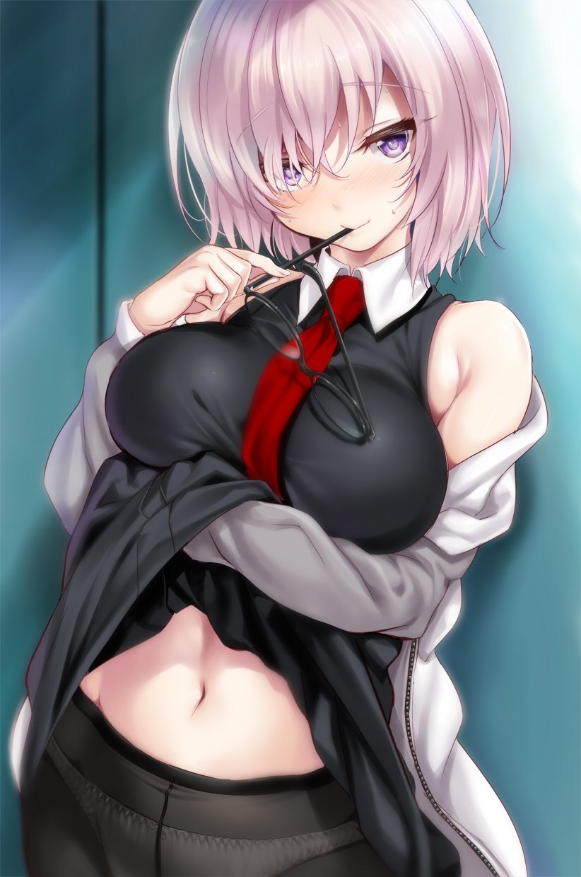 1girl, against_wall, bare_shoulders, black-framed_eyewear, black_legwear, black_shirt, black_skirt, blue_background