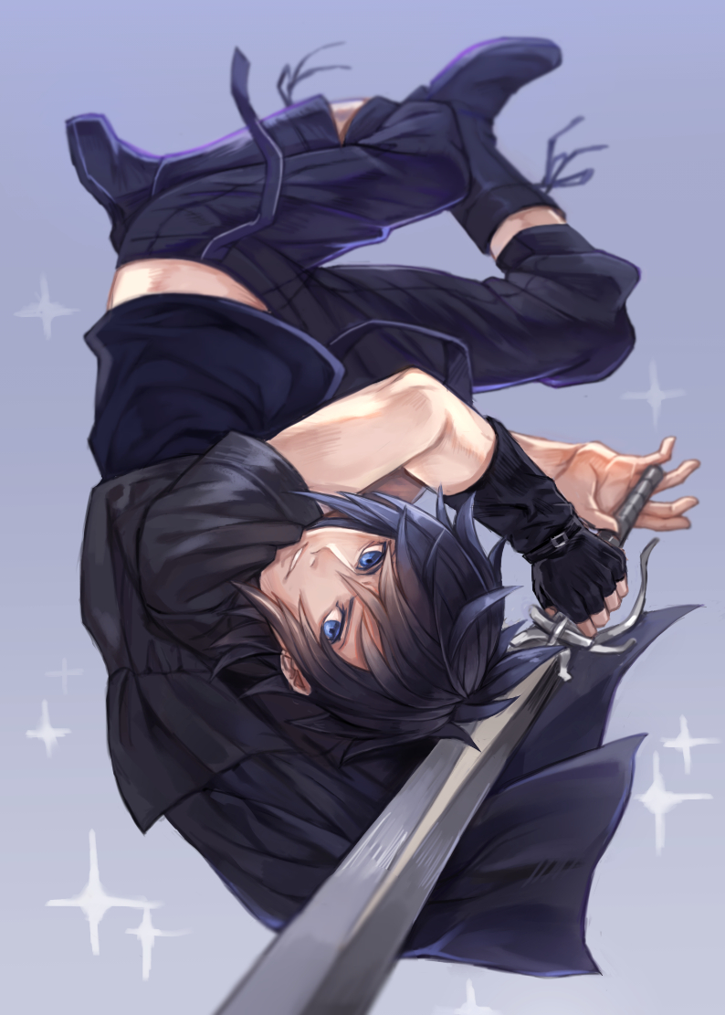 1boy, black_hair, black_jacket, blue_eyes, boots, final_fantasy, final_fantasy_xv, gloves