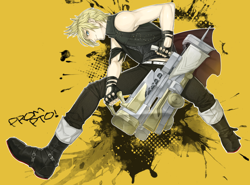 1boy, absurdres, bare_shoulders, blonde_hair, blue_eyes, boots, final_fantasy, final_fantasy_xv