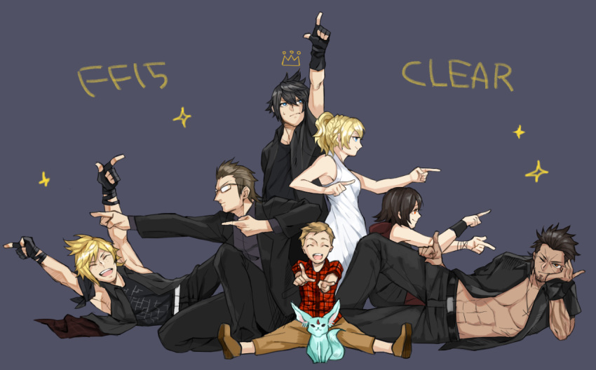 2girls, 5boys, beard, black_hair, blonde_hair, blue_background, carbuncle_(final_fantasy), death_parade