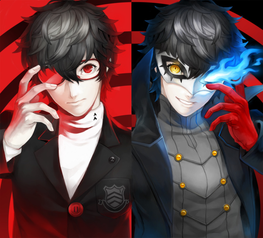 2boys, black_hair, blue_fire, dual_persona, fire, glasses, gloves, harusatonougyou