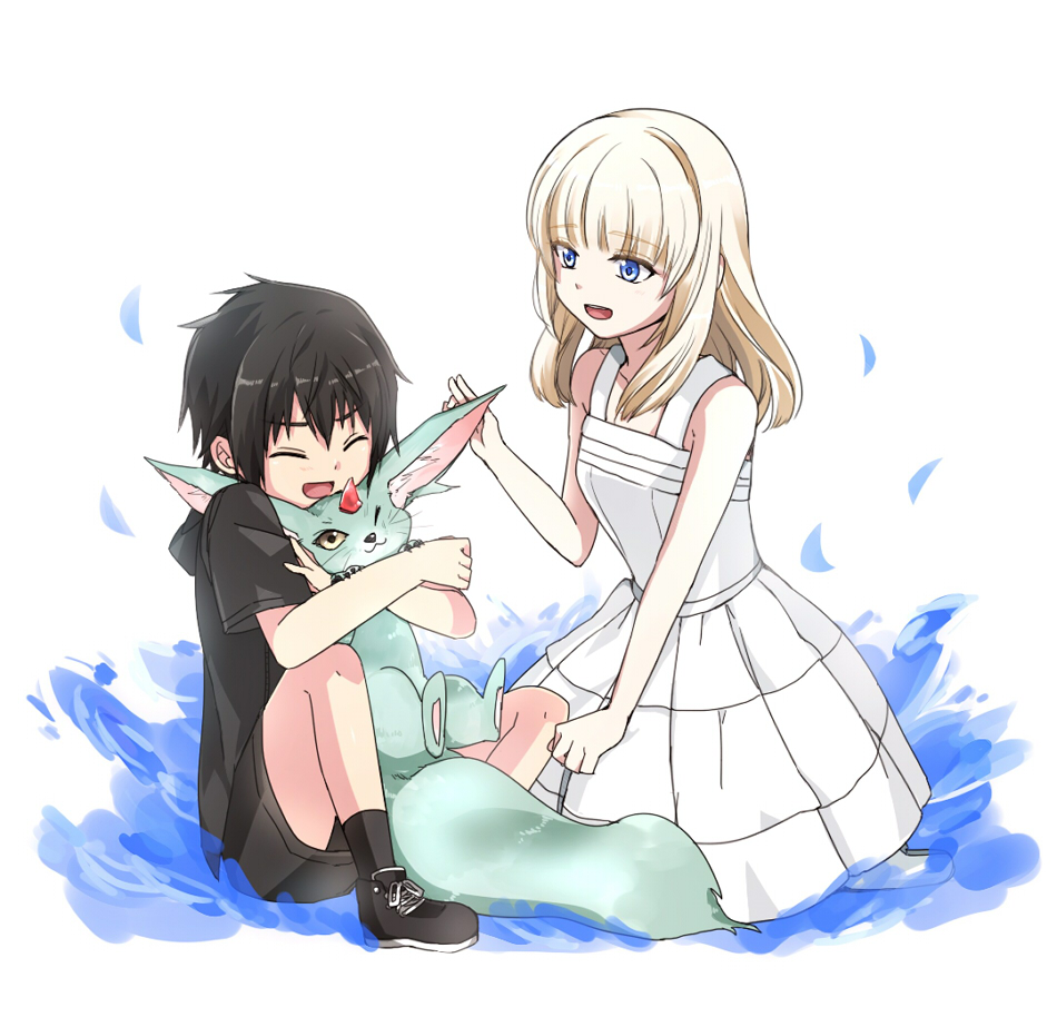 1boy, 1girl, animal, animal_hug, aohane_riko, black_hair, blonde_hair, carbuncle_(final_fantasy)