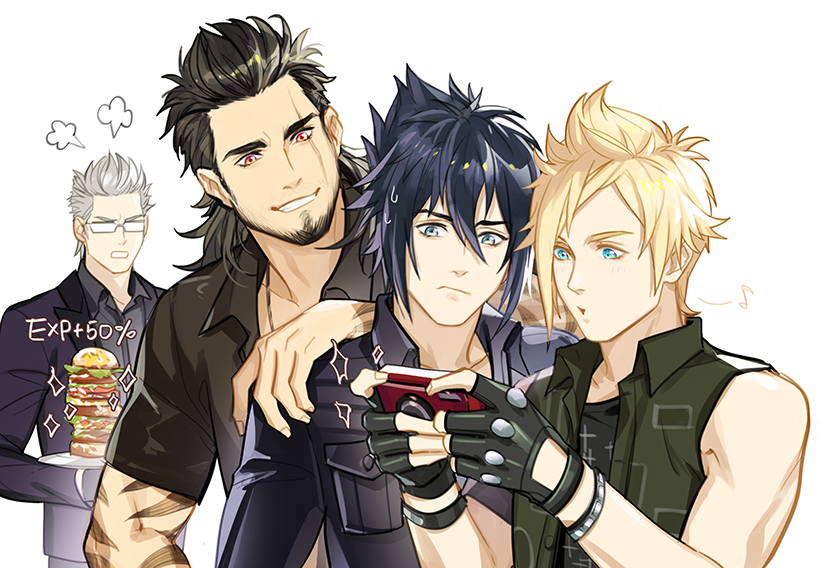 4boys, black_hair, final_fantasy, final_fantasy_xv, fingerless_gloves, food, ginmu, gladiolus_amicitia