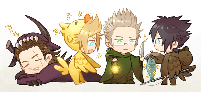 4boys, behemoth_(final_fantasy), black_hair, blonde_hair, blue_eyes, character_costume, chibi, chocobo
