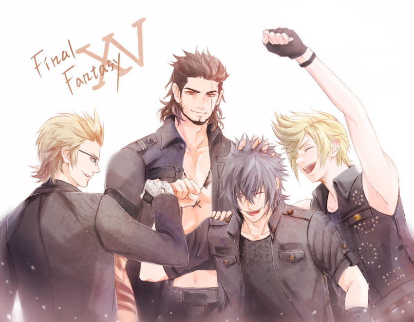 4boys, akirakarin, beard, black_hair, blonde_hair, brown_hair, copyright_name, facial_hair