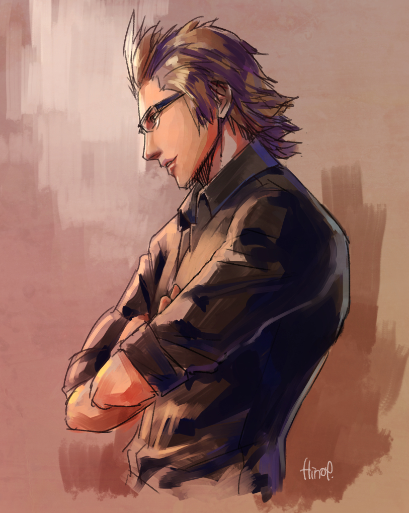 1boy, brown_hair, crossed_arms, final_fantasy, final_fantasy_xv, glasses, hinoe_(dd_works), ignis_scientia