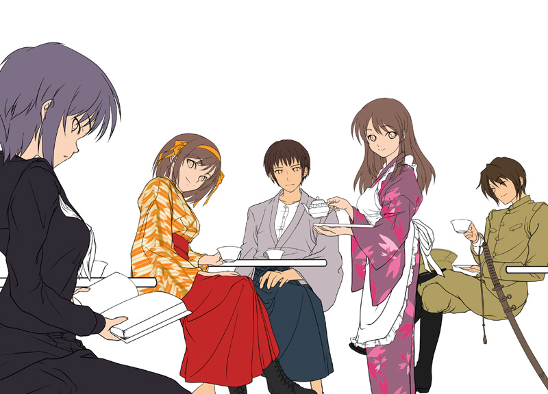 asahina_mikuru, book, commentary, cup, flat_color, japanese_clothes, koizumi_itsuki, kyon