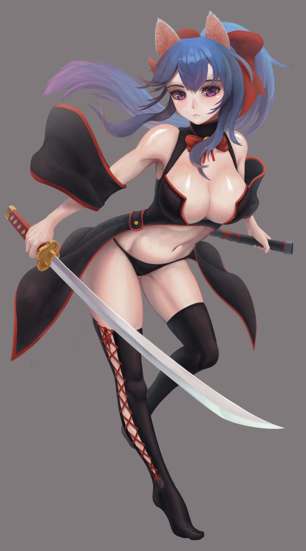 1girl, anidante, animal_ears, bare_shoulders, black_legwear, black_panties, blue_hair, bow