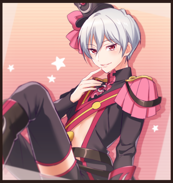1boy, arm_support, beppu_akihiko, binan_koukou_chikyuu_bouei-bu_love!, black_border, border, dutch_angle, epaulettes