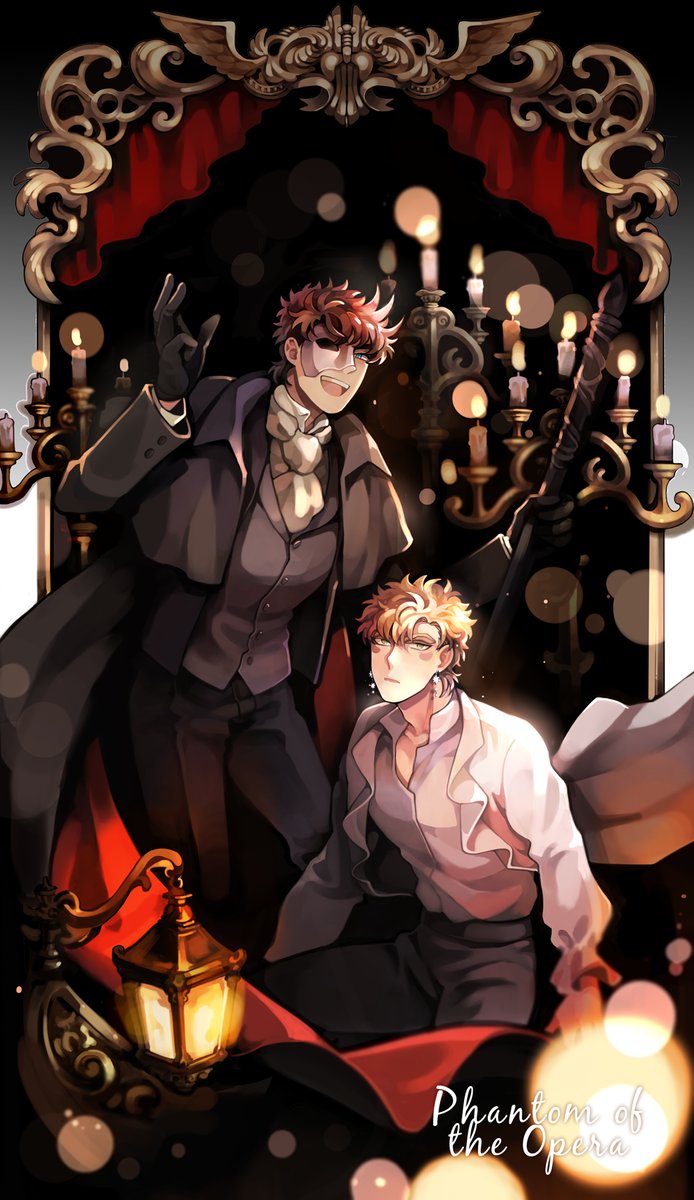 2boys, akiae_(hayj14), blonde_hair, brown_hair, caesar_anthonio_zeppeli, candelabra, curtains, formal
