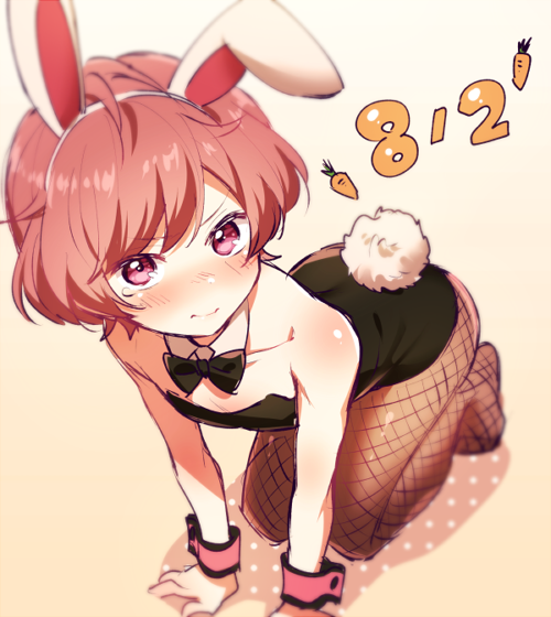 1boy, all_fours, animal_ears, bare_shoulders, blurry, blush, bow, bowtie, bunny_boy, bunny_tail, bunnysuit, collarbone, dated, depth_of_field, detached_collar, fake_animal_ears, fishnet_pantyhose, fishnets, hairband, leotard, looking_at_viewer, male_focus, pantyhose, pink_eyes, pink_hair, rabbit_ears, short_hair, solo, starmyu, tail, tears, trap, tsuchiya_(1315444), ugawa_akira, wrist_cuffs