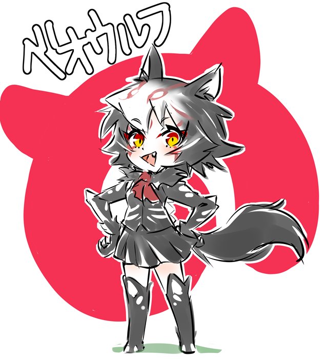 1girl, animal_ears, beowolf, black_hair, chibi, commentary, grimm, iesupa, monster_girl, personification, rwby, skirt, tail, wolf_ears, wolf_girl, wolf_tail, yellow_eyes