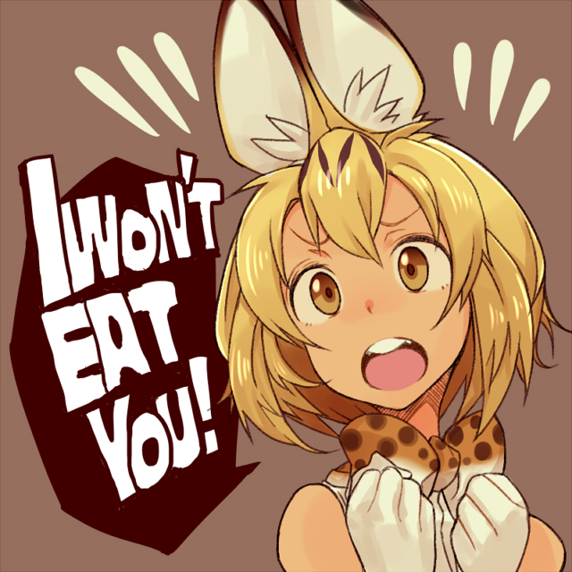 1girl, animal_ears, blonde_hair, bow, bowtie, cat_ears, elbow_gloves, english, gloves, kemono_friends, monster_girl, open_mouth, serval_(kemono_friends), short_hair, simple_background, solo, speech_bubble, suo_(sndrta2n), yellow_eyes