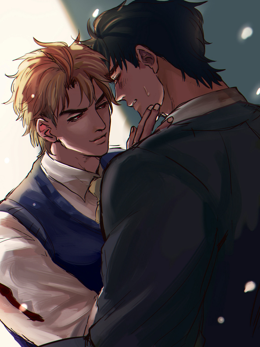 2boys, black_hair, blonde_hair, dio_brando, formal, highres, jojo_no_kimyou_na_bouken, jonathan_joestar