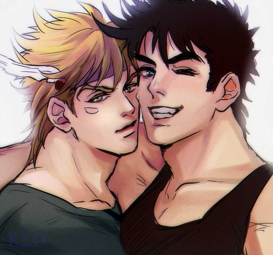 2boys, black_hair, blonde_hair, blue_eyes, caesar_anthonio_zeppeli, facial_mark, green_eyes, grin