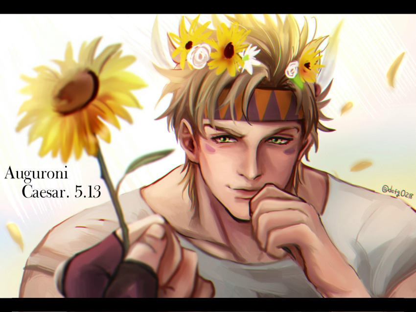1boy, caesar_anthonio_zeppeli, dated, facial_mark, feathers, flower, hair_feathers, happy_birthday