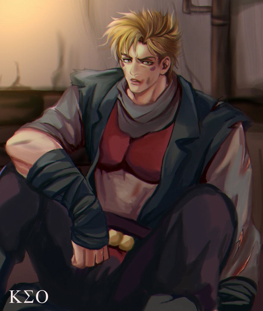 1boy, blonde_hair, caesar_anthonio_zeppeli, facial_mark, jojo_no_kimyou_na_bouken, oppi_(ksop28), sitting, solo