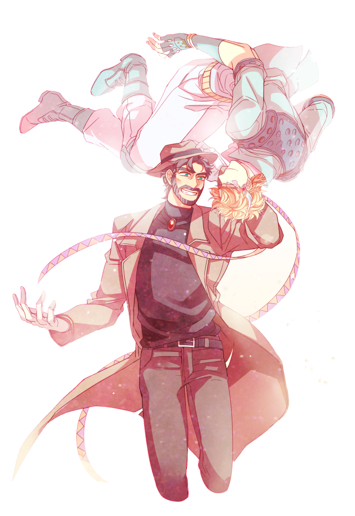 2boys, akiae_(hayj14), beard, blonde_hair, caesar_anthonio_zeppeli, facial_hair, ghost, gloves
