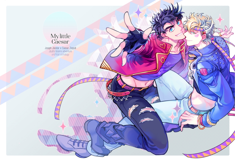 2boys, akiae_(hayj14), black_hair, blonde_hair, bloody_stream, blue_eyes, blue_hair, blue_jacket, caesar_anthonio_zeppeli, contemporary, cover, cover_page, feathers, fingerless_gloves, gloves, hair_feathers, headband, jacket, jewelry, jojo_no_kimyou_na_bouken, joseph_joestar_(young), male_focus, midriff, multiple_boys, pants, ring, sparkle, torn_clothes, torn_pants
