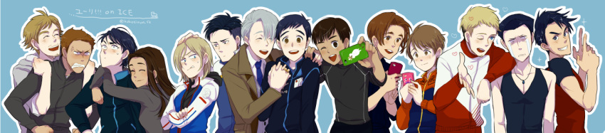 1girl, 6+boys, ;d, ^_^, anger_vein, black_hair, blonde_hair, blue_eyes, brown_eyes, brown_hair, cellphone, christophe_giacometti, clenched_teeth, closed_eyes, crossed_arms, emil_nekola, facial_hair, georgi_popovich, green_eyes, grey_eyes, grin, hand_holding, hand_on_another's_head, hand_on_another's_shoulder, heart, hug, interlocked_fingers, jacket, jean-jacques_leroy, jewelry, ji_guang-hong, katsuki_yuuri, kokosimon, lee_seung-gil, leo_de_la_iglesia, long_image, michele_crispino, multiple_boys, necktie, one_eye_closed, open_mouth, otabek_altin, phichit_chulanont, phone, ring, sara_crispino, self_shot, smartphone, smile, sparkle, tears, teeth, track_jacket, viktor_nikiforov, wide_image, yuri!!!_on_ice, yuri_plisetsky
