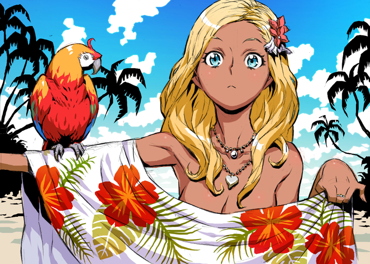 1girl, :<, animal, beach, bird, bird_on_arm, blonde_hair, blue_eyes, blue_sky, breasts, cleavage, closed_mouth, clouds, cloudy_sky, collarbone, dark_skin, day, eyelashes, fingernails, floral_print, flower, forehead, hair_flower, hair_ornament, heart, heart_necklace, hoby, holding, jewelry, long_fingernails, long_hair, looking_at_viewer, necklace, nude, original, outdoors, palm_tree, parrot, ring, sand, sky, solo, towel, tree, upper_body