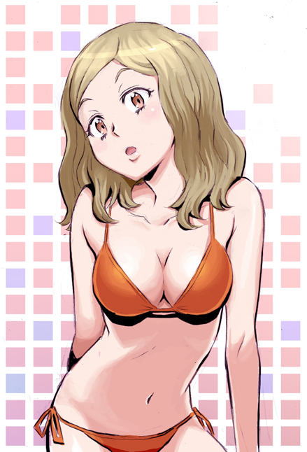 1girl, :o, arm_behind_back, bare_arms, bare_shoulders, bikini, blush, breasts, cleavage, collarbone, groin, hoby, leaning_forward, light_brown_hair, lips, long_hair, looking_at_viewer, medium_breasts, navel, open_mouth, orange_bikini, pink_eyes, side-tie_bikini, solo, swimsuit, tongue
