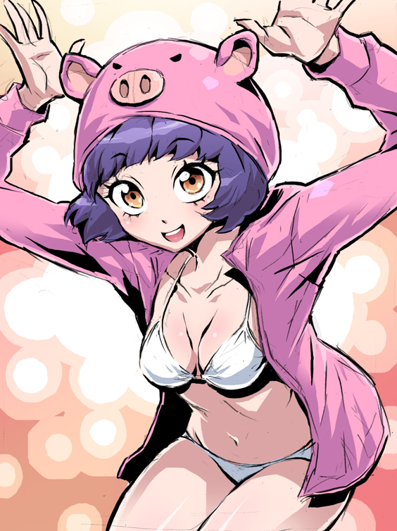 1girl, :d, animal_hood, arms_up, bent_over, bikini, breasts, cleavage