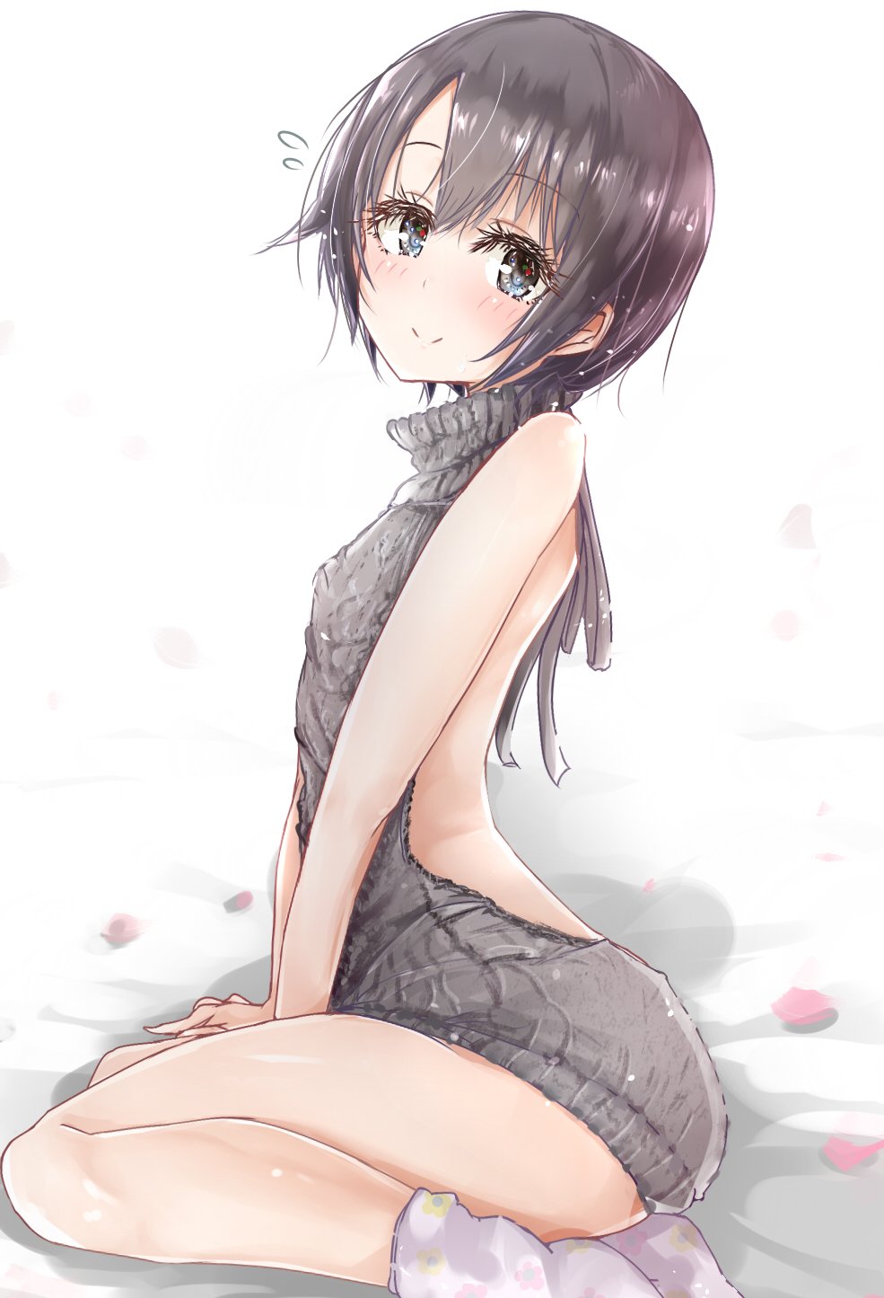 1girl, aran_sweater, backless_outfit, bangs, bare_back, bare_shoulders, black_hair, blue_eyes