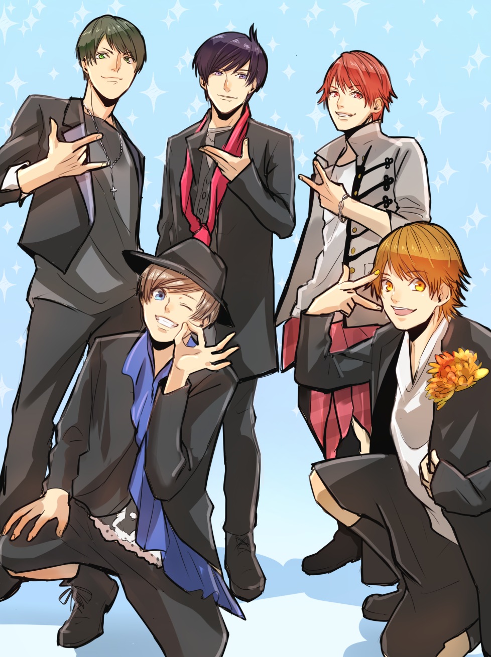 5boys, \m/, amagi_ikuma, blue_background, blue_eyes, bracelet, brown_hair, capri_pants