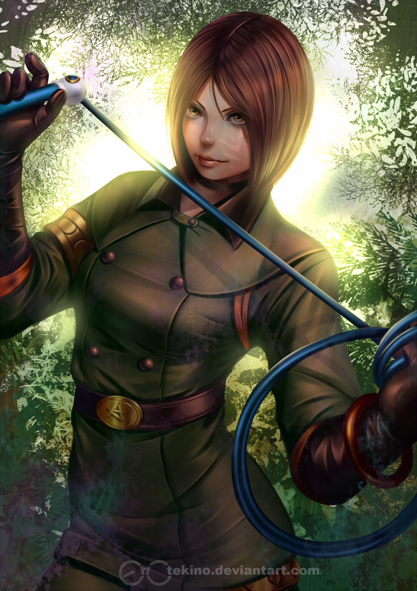 1girl, armband, backlighting, bangle, bangs, bob_cut, bracelet, breasts, brown_gloves, brown_hair, choker, dappled_sunlight, gloves, highres, jacket, jewelry, light_smile, lips, military, military_uniform, nose, parted_bangs, short_hair, small_breasts, solo, sunlight, tekino, the_king_of_fighters, uniform, watermark, web_address, whip, whip_(kof)