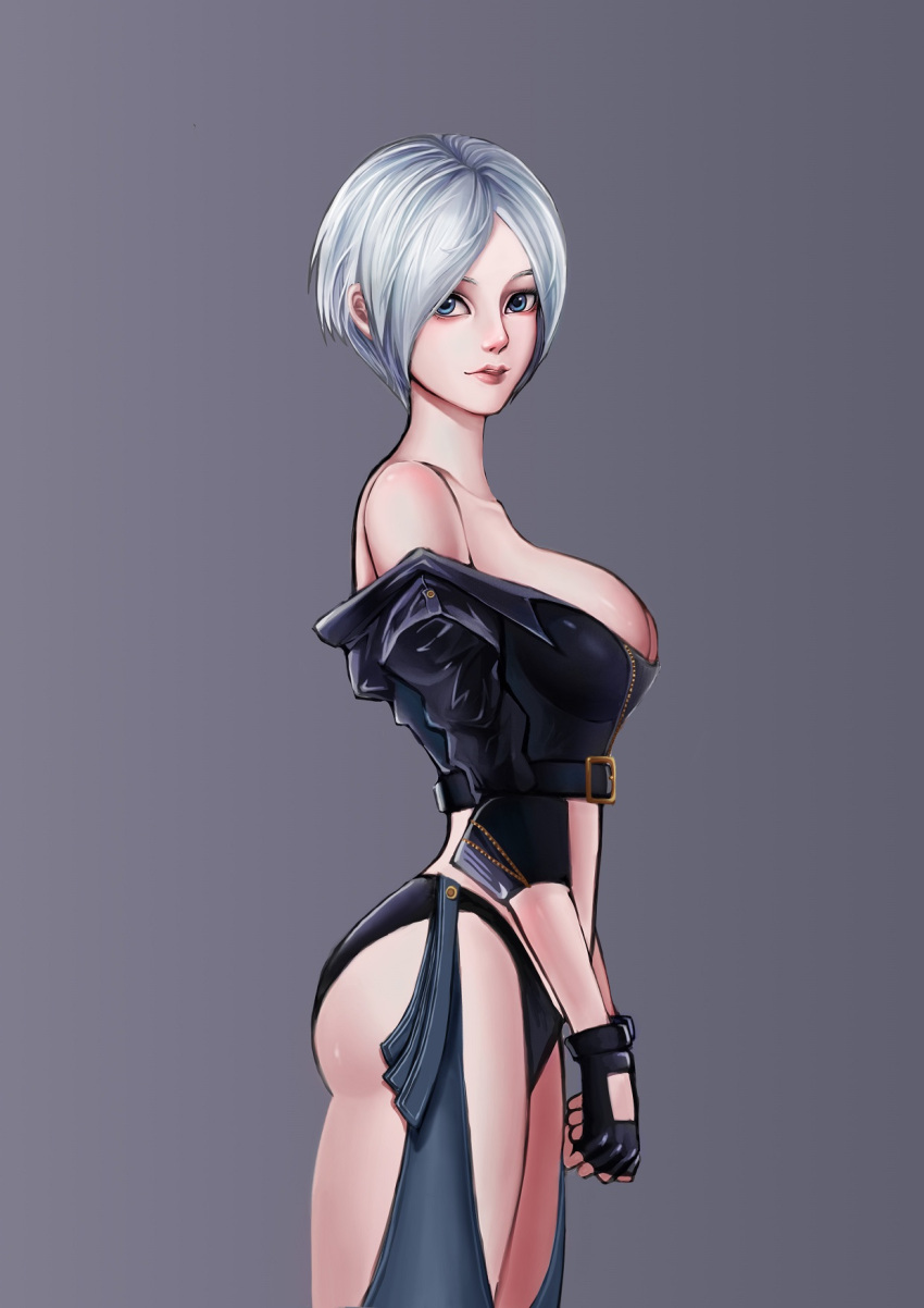 1girl, angel_(kof), blue_eyes, breasts, chaps, cropped_jacket, fingerless_gloves, from_side