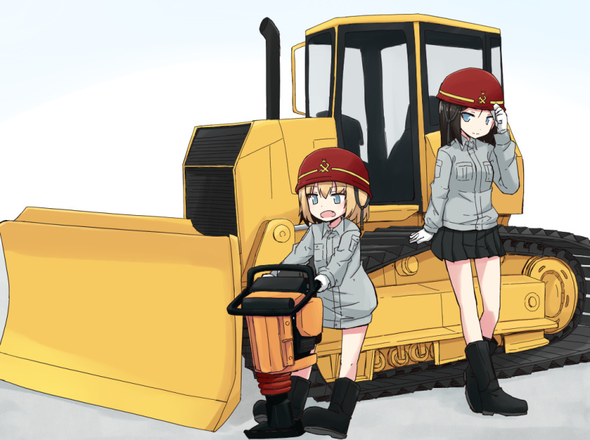 2girls, adjusting_clothes, adjusting_hat, bangs, black_boots, black_hair, blonde_hair, blue_eyes