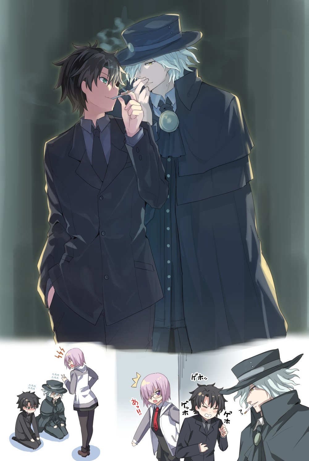 1girl, 2boys, black_hair, blue_eyes, blush, cape, chibi, edmond_dantes_(fate/grand_order)